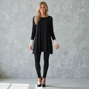 Emerald, Women’s Black Tunic Top Long Sleeves with Lace Cuffs. Made USA, Large
